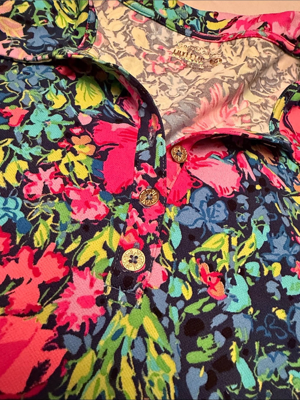 Lilly Pulitzer Luxletic Navy Floral Polo with Pink & Green - Picture 3 of 8